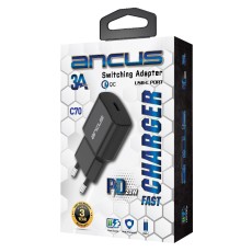 Travel Charger Switching Ancus Supreme Series C70 Fast Charge with USB-C Έ&xi;&omicron;&delta;&omicron; QC 3.0 PD 20W  5V/3A Black