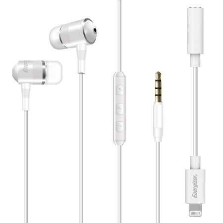 Hands Free Energizer UIL35 Metal Stereo 3.5mm with Lightning Adapter MFI to 3.5mm and Power Buttons 1.2m White
