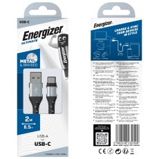 Data Cable Energizer Metal / Braided Nylon USB-A to USB-C Silver 2m
