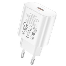 Travel Charger Hoco N22 Jetta USB-C PD25W White. Compatible for Samsung 25W mobile phones and for Apple 20W mobile phones charging. Material: flame-retardant PC. Output: Type-C 25W (for PD25W, PPS, QC3.0 / QC2.0, AFC). Sizes: 78x42x26mm, Weight: 56g.