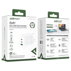Travel Charger Acefast A44 Fast Charging 2xUSB-C PD65W USB-A GaN White with UK Plug