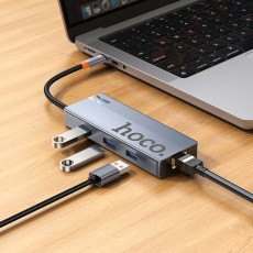 USB Hub Hoco HB51 Wow 6-in-1 USB-C to HDTV+RJ45+PD+ 3 χ USB 3.0  Grey 18cm