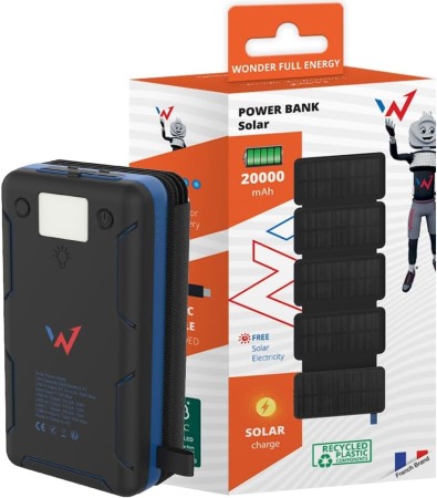 Solar Power Bank Wonder WX20S 20000mAh with 2 x USB-A and 1 x USB-C Output and Flashlight Black