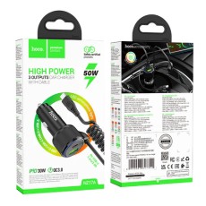 Car Charger Hoco NZ17A Avant-garde Triple Ports 1xUSB-A and 2xUSB-C 50W PD+QC with Type-C Cable Black