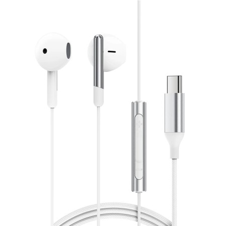 Hands Free Acefast L3 Earphones Stereo USB-C Braided with Microphone White 1.2m. Compatible with All USB-C Devices