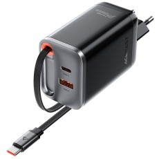 Travel Charger Acefast A111 Fast Charging USB-C and USB-A PD67W QC3.0 GaN and Retractable USB-C Cable 0.65m Black