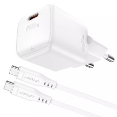 Travel Charger Acefast A77 Mini Fast Charging 1xUSB-C PD30W QC3.0 GaN White + USB-C to USB-C Cable