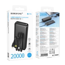 Power Bank Borofone BJ79A 20000mAh with 3 Output Cables USB-C, USB-A, Lightning and LED Battery Indicator Black