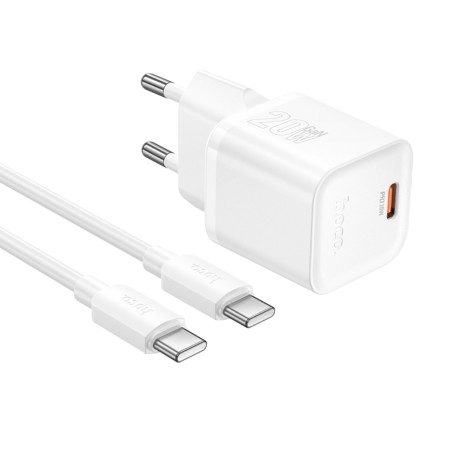 Travel Charger Hoco N64 Ingenious Single Port GaN PD20W USB-C 5V 3.0A + USB-C to USB-C Cable 1m White
