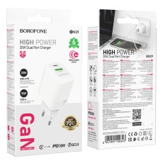 Travel Charger Borofone BN29 Fuente GaN 1xUSB-C PD30W and 1xUSB-A QC3.0A White