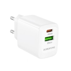 Travel Charger Borofone BN29 Fuente GaN 1xUSB-C PD30W and 1xUSB-A QC3.0A White