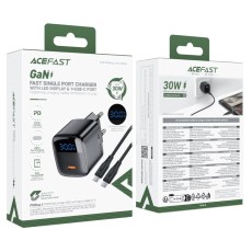 Travel Charger Acefast A115 Fast Charging USB-C PD30W 3.0A GaN with LED Digital Display + USB-C to USB-C Cable Black