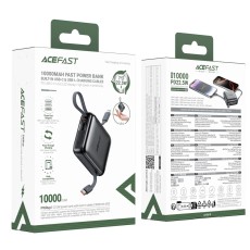 Power Bank Acefast M23 Mini 10000mAh PD22.5W Fast Charging with 1xUSB-C Cable and 1xLightning Cacle and 1&chi;USB-C Port Black