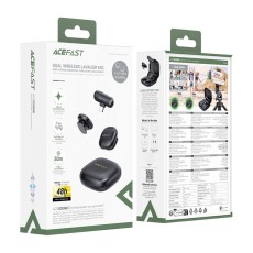 Lavalier Microphones Acefast R1 HD AI Noise Reduction Low Latency 50m Range and 48hr Battery Life with USB-C Transmitter and Charging Case Black