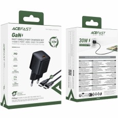 Travel Charger Acefast A118 Mini Fast Charging 1xUSB-C PD30W QC3.0 GaN with USB-C to USB-C Cable 1.2m Black