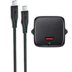 Travel Charger Acefast A118 Mini Fast Charging 1xUSB-C PD30W QC3.0 GaN with USB-C to USB-C Cable 1.2m Black