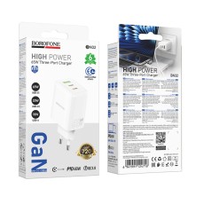 Travel Charger Borofone BN32 Cargador GaN 2xUSB-C PD65W and 1xUSB-A QC PD18W White