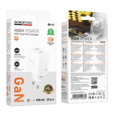 Travel Charger Borofone BN30 Cargador GaN 1xUSB-C PD45W and 1xUSB-A QC PD18W White