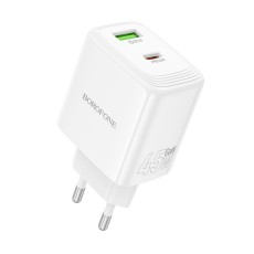 Travel Charger Borofone BN30 Cargador GaN 1xUSB-C PD45W and 1xUSB-A QC PD18W White