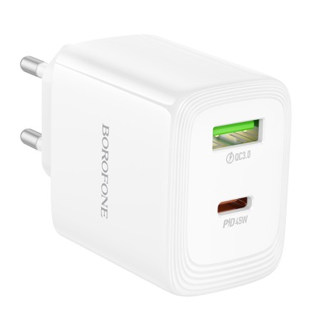 Travel Charger Borofone BN30 Cargador GaN 1xUSB-C PD45W and 1xUSB-A QC PD18W White